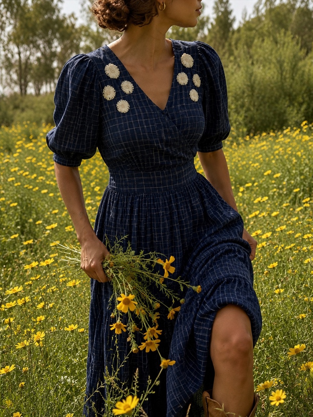 Kopal Handmade 100% Cotton Daisy Plaid Wrap Midi Dress M Cottagecore